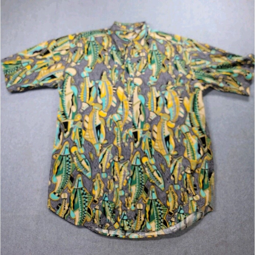 Vintage Desert Dunes‎ Button Shirt Mens S Cotton Fish Yellow Blue Loud AOP 90s